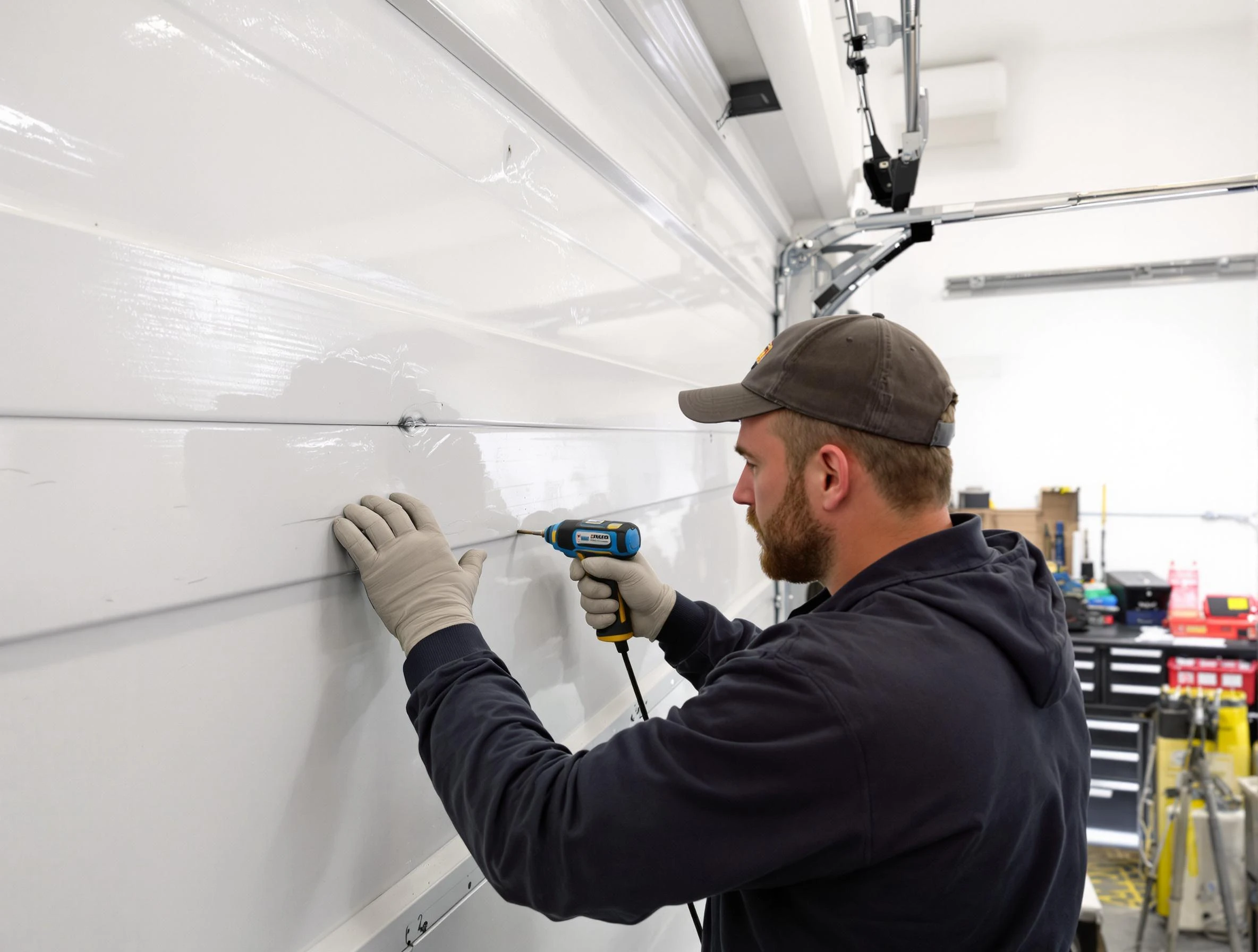 Adamsville Garage Door Repair technician demonstrating precision dent removal techniques on a Adamsville garage door